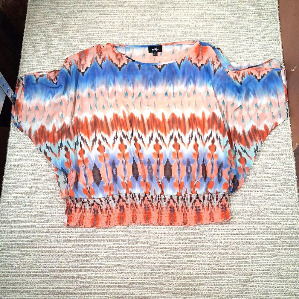 by & by womens plus 1x boho cold shoulder geometric sheer smocked blouse